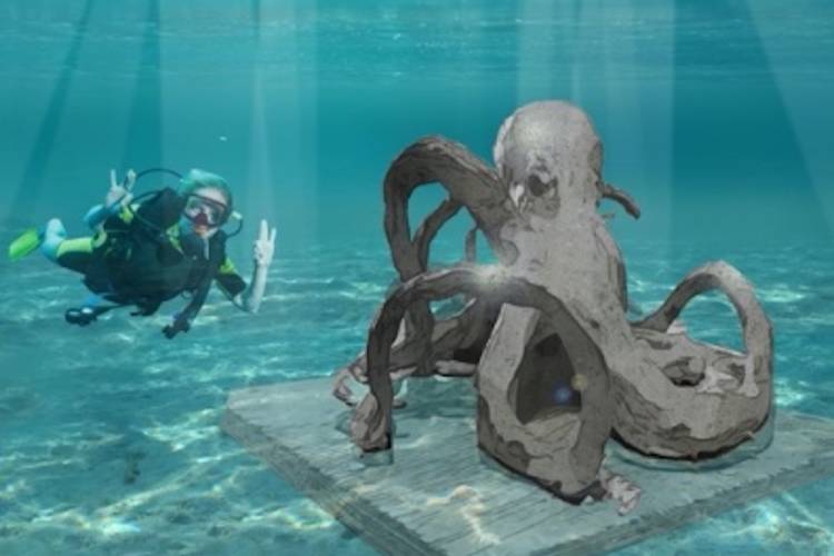 potentially AI generated image of sculpture underwater with scuba diver in background